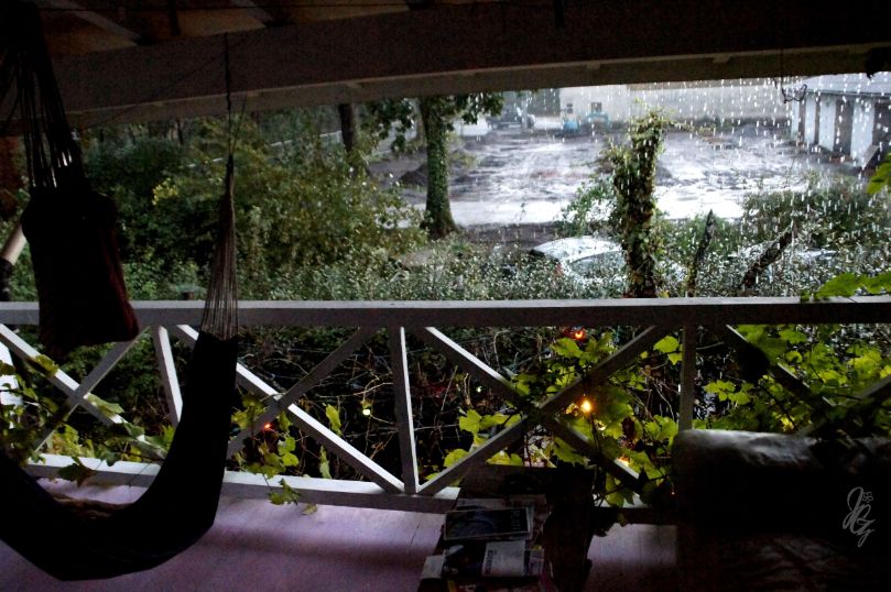 Carwyn's balcony in the rain