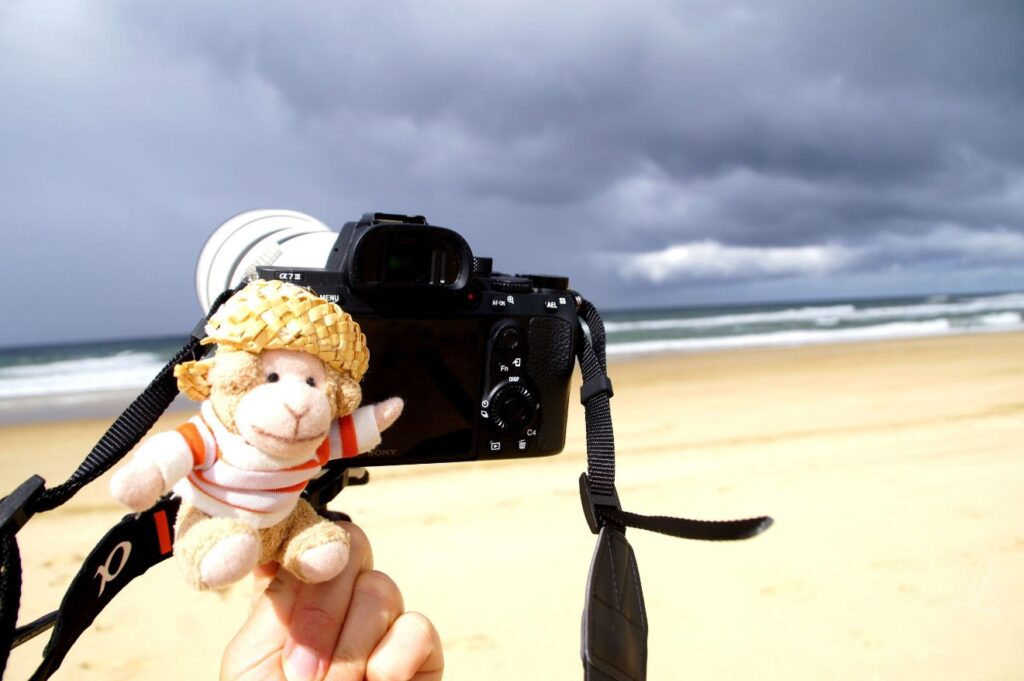 Charlie at the camera on the beach