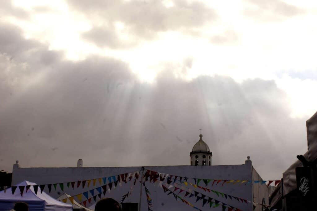 Sun breaking through the clouds over Teguise, Lanzarote