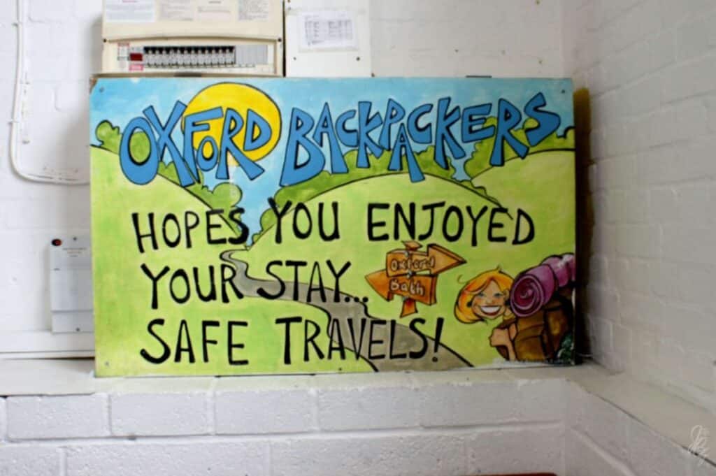 Greeting sign at the Oxford Backpackers Hostel