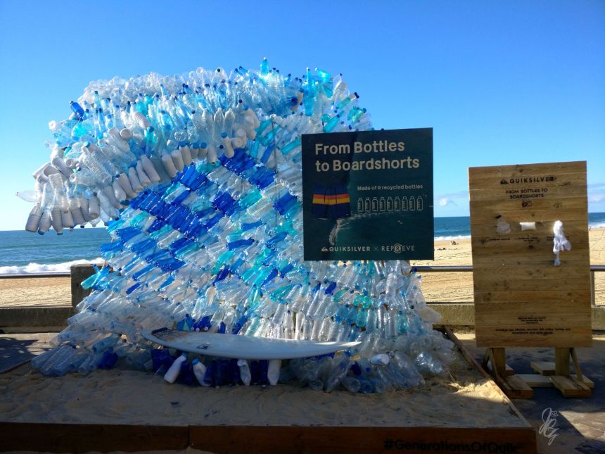 Wave with surfboard made of plastic bottles