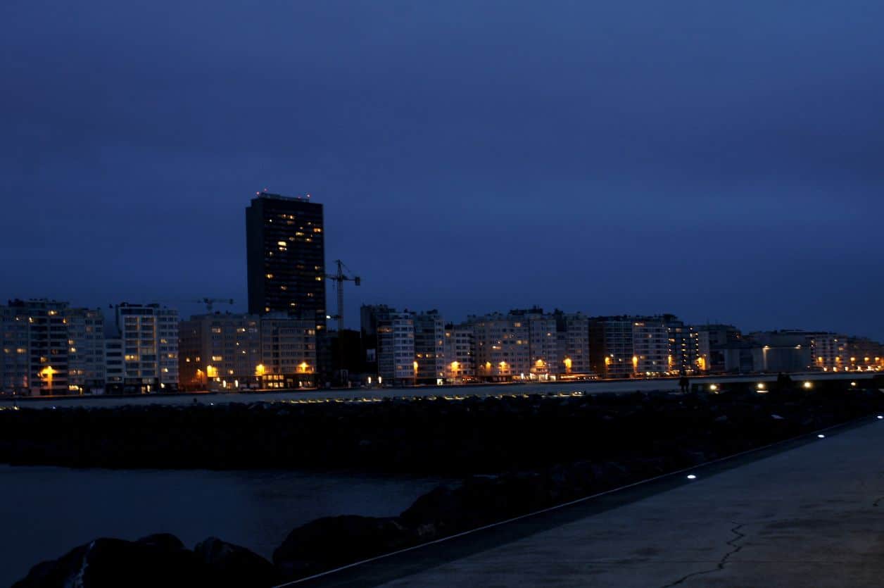Skyline of Ostend, view from the sea, in the evening