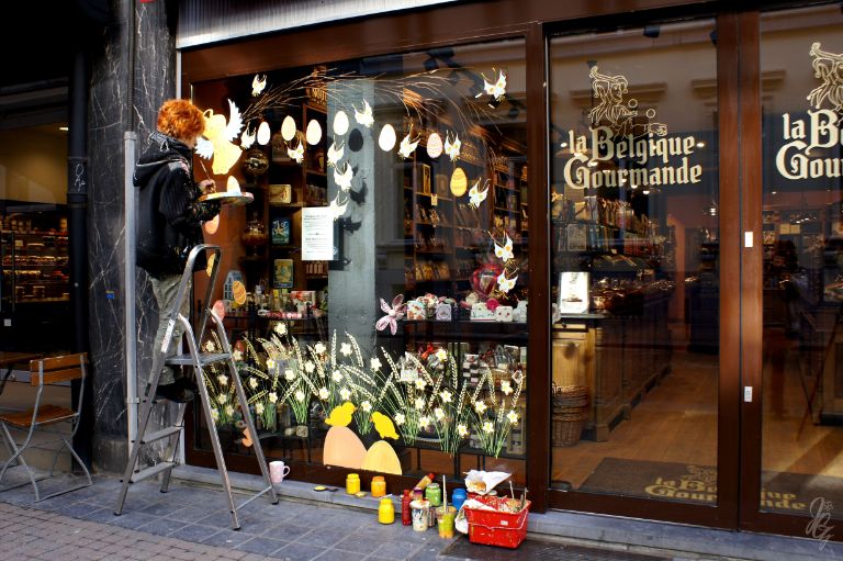 Chocolate shop in Brussels being decorated for Easter