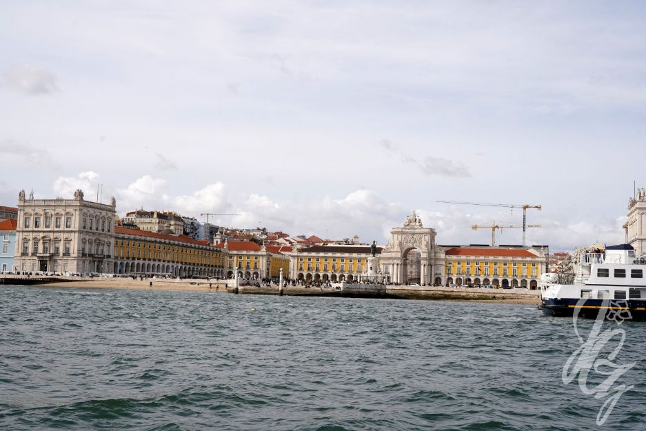 View from the water towards Praca de Comercio in Lisbon