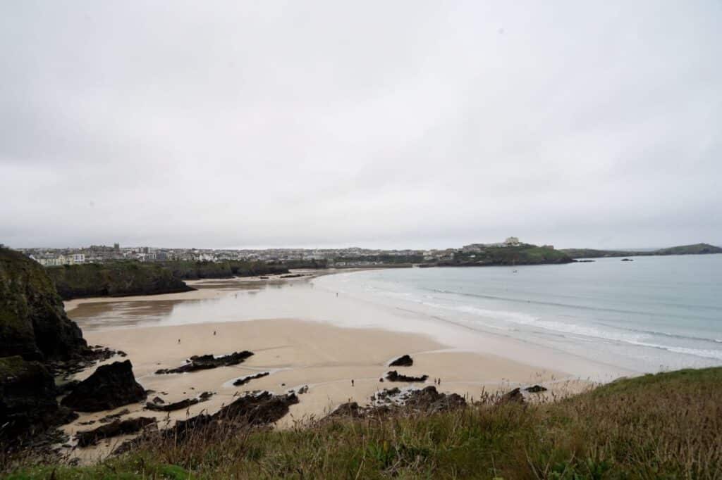 View towards Newquay over Tolcarne, Great Western and Towan beaches at low tide