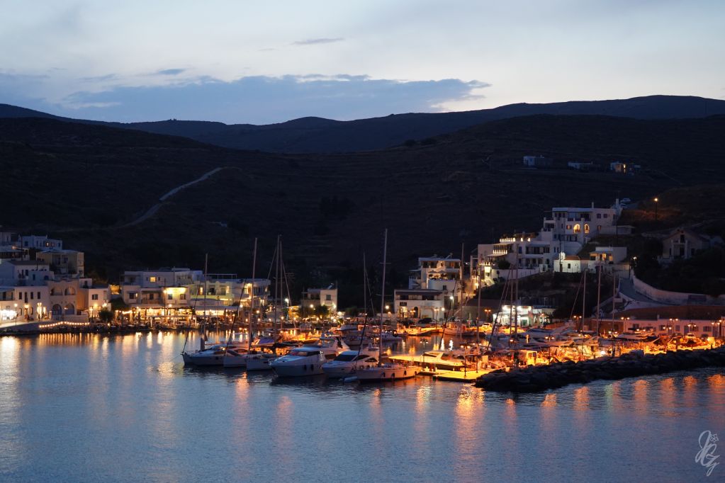 View over Kythnos and the bay after sunset.