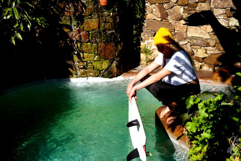 Kiwi with her favourite surfboard at the pond at her home in Conil de la Frontera