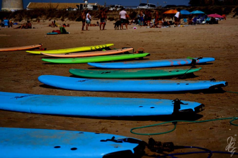 Surfboards for the lesson at El Palmar beach
