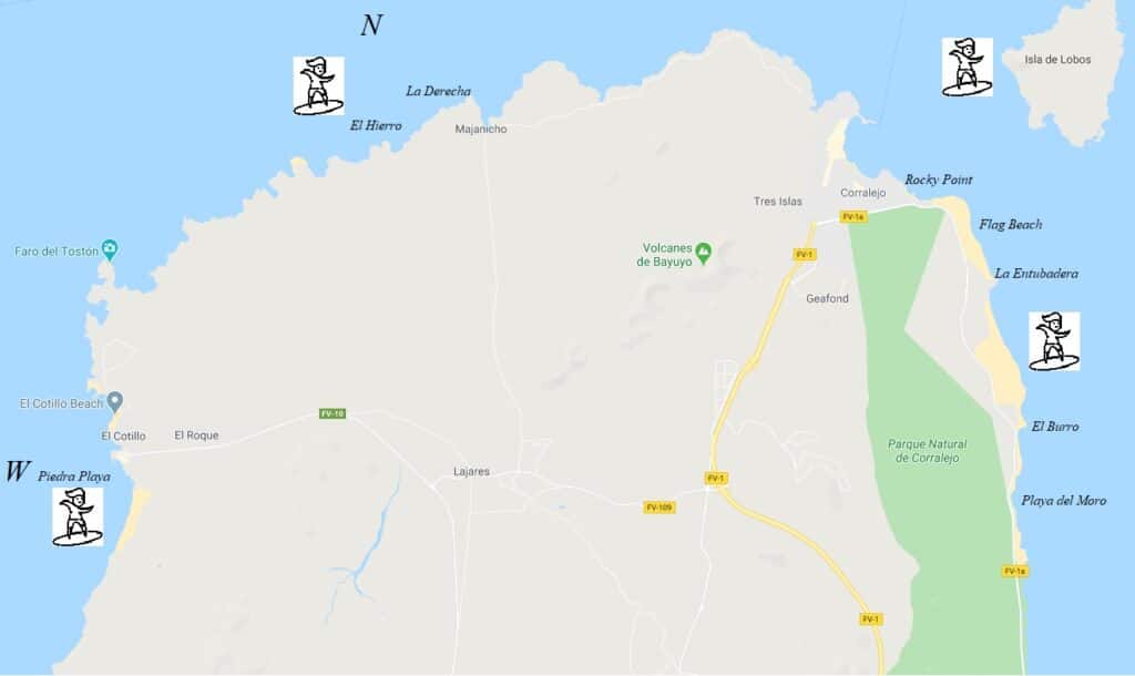 Map of the north of Fuerteventura with surf spot markers