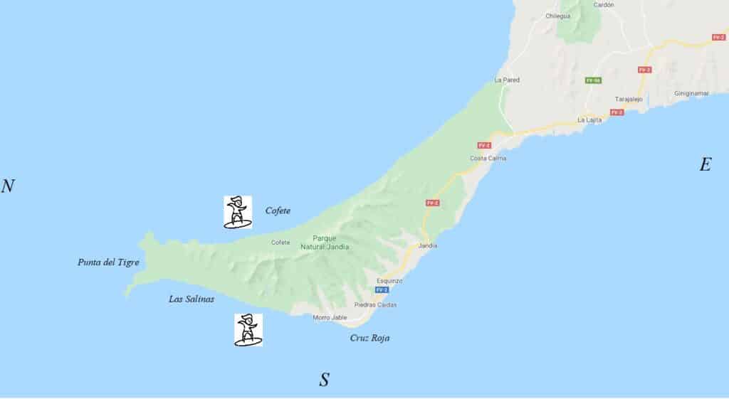 Map of the south of Fuerteventura with surf spot markers