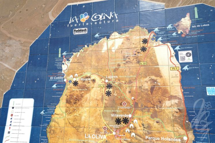Map of the north of Fuerteventura with surf spot markers
