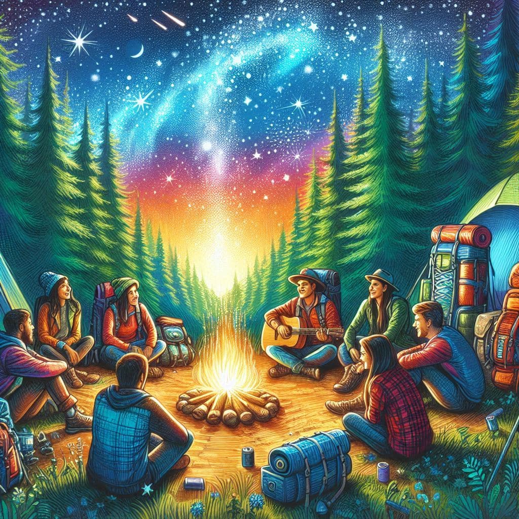 Group sitting around a bonfire in the forest