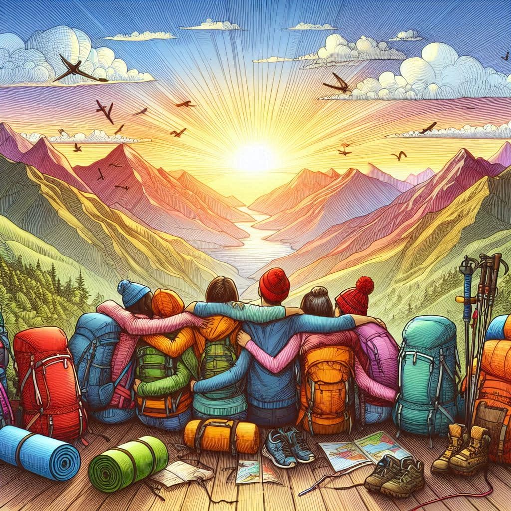 Group of people watching the sunset in the mountains