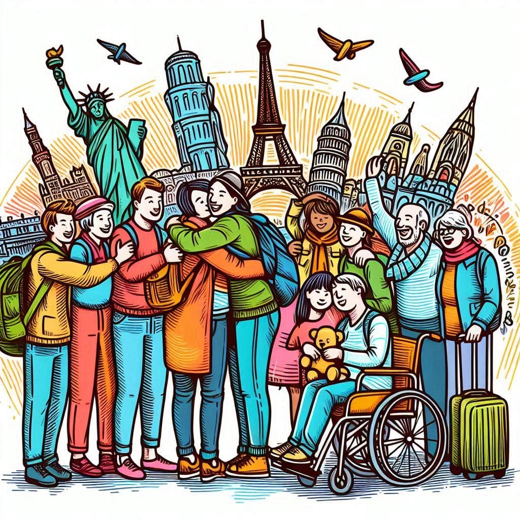 Group of travellers hugging in front of famous landmarks