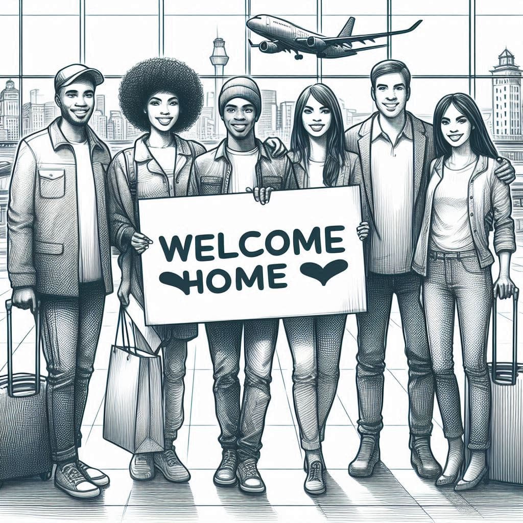 Group of people holding a sign "Welcome Home" at an airport
