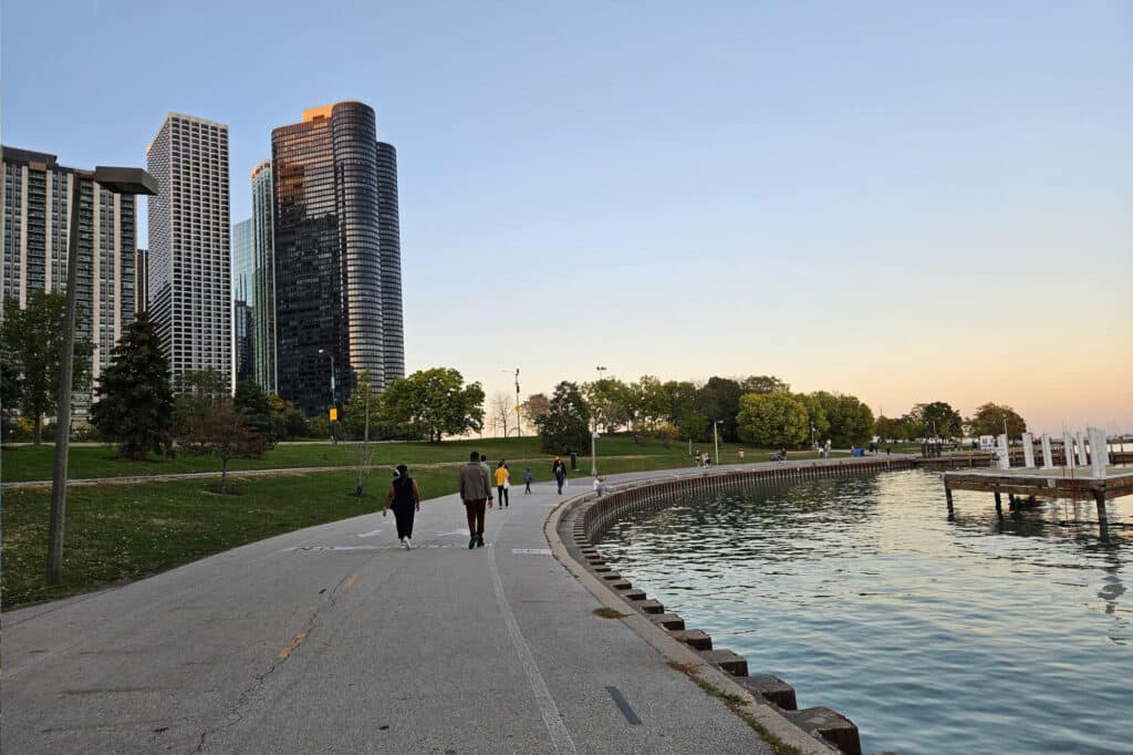 By the lake in Chicago at sunset