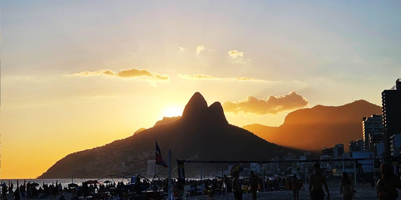 View from Ipanema beach towards Dois Irmaos at sunset