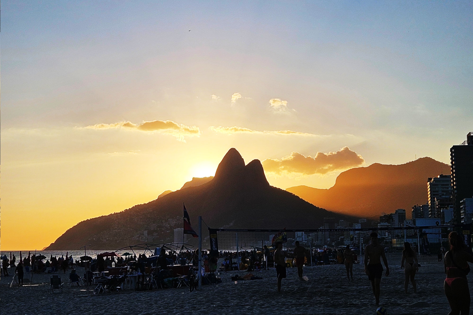 View from Ipanema beach towards Dois Irmaos at sunset